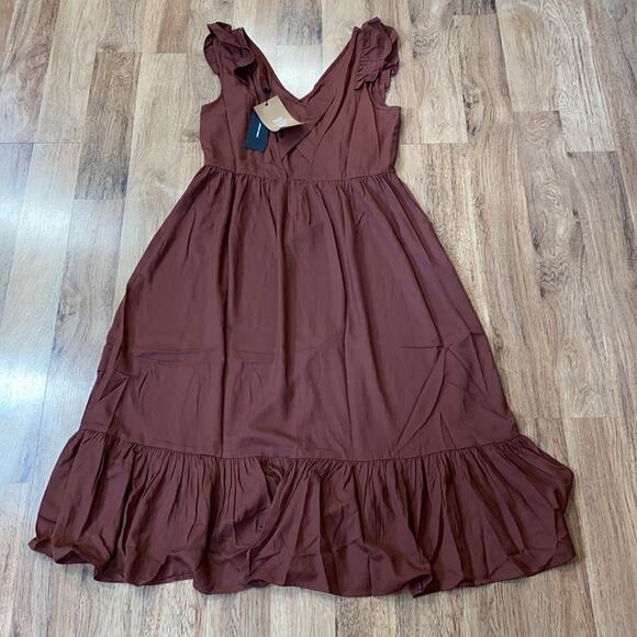 Vero Moda Odette Brown Ruffle Calf Dress NWT Sz M Women’s Polyester Tie Back - Picture 12 of 15